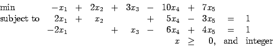 \begin{displaymath}
\begin{array}{lrcrcrcrcrcl}
\min & -x_1 & + & 2x_2 & + & 3...
...&&&&& x & \geq & 0, & \mbox{and} & \mbox{integer}
\end{array} \end{displaymath}