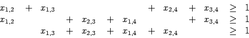 \begin{displaymath}
\begin{array}{rcrcrcrcrcrcl}
\mbox{$x_{1,2}$ }& + & \mbox{...
...ox{$x_{1,4}$ }& + & \mbox{$x_{2,4}$ }&&& \geq & 1
\end{array} \end{displaymath}