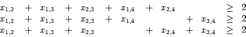 \begin{displaymath}
\begin{array}{rcrcrcrcrcrcl}
\mbox{$x_{1,2}$ }& + & \mbox{...
...{$x_{2,4}$ }& + & \mbox{$x_{3,4}$ }& \geq & 2 \\
\end{array} \end{displaymath}