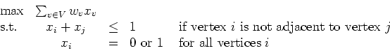 \begin{displaymath}
\begin{array}{lccll}
\max & \sum_{v \in V} w_v x_v \\
\m...
... 0 \mbox{ or } 1 &
\mbox{ for all vertices $i$ }
\end{array} \end{displaymath}