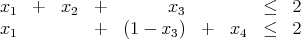 x   +   x   +        x           ≤   2
  1      2             3
x1          +   (1 - x3)  +  x4  ≤   2
      