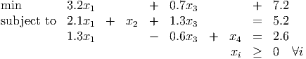 min         3.2x           +  0.7x           +   7.2
                1                 3
subject to  2.1x1  +   x2  +  1.3x3          =   5.2
            1.3x1          -  0.6x3  +   x4  =   2.6
                                         xi  ≥   0  ∀i
      