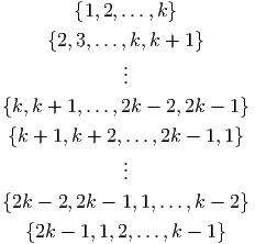         {1, 2,...,k}
     {2,3, ...,k,k + 1}
              .
              ..
{k,k + 1, ...,2k - 2,2k - 1}

 {k + 1,k + 2,...,2k - 1,1}
              ..
              .
{2k - 2,2k -  1,1,...,k - 2}

   {2k - 1,1,2,...,k - 1}
           