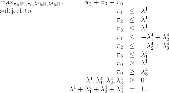 max π∈ℝ3,π0,λ1∈ℝ,λ4∈ℝ3       π2 + π3 - π0
subject to                           π1  ≤  λ1
                                     π2  ≤  λ1
                                     π3  ≤  λ1
                                               4    4
                                     π1  ≤  - λ14 + λ24
                                     π2  ≤  - λ2 + λ3
                                     π3  ≤  λ41
                                     π0  ≥  λ1
                                     π0  ≥  λ4
                            1  4   4  4       3
                       1   λ4,λ1,λ4 2,λ34  ≥  0
                      λ +  λ1 + λ2 + λ3  =  1.
