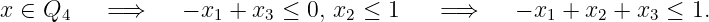 x ∈ Q4    =⇒     - x1 + x3 ≤ 0, x2 ≤ 1    =⇒     - x1 + x2 + x3 ≤ 1.
