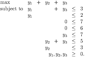 max         y1  +  y2  +   y3
subject to  y          +   y   ≤  3
             1              3
            y1                 ≤  2
                            0  ≤  7
                           y3  ≤  6
                            0  ≤  7

                   y2  +   y3  ≤  5
                   y2          ≤  3
                     y1,y2,y3  ≥  0.
           